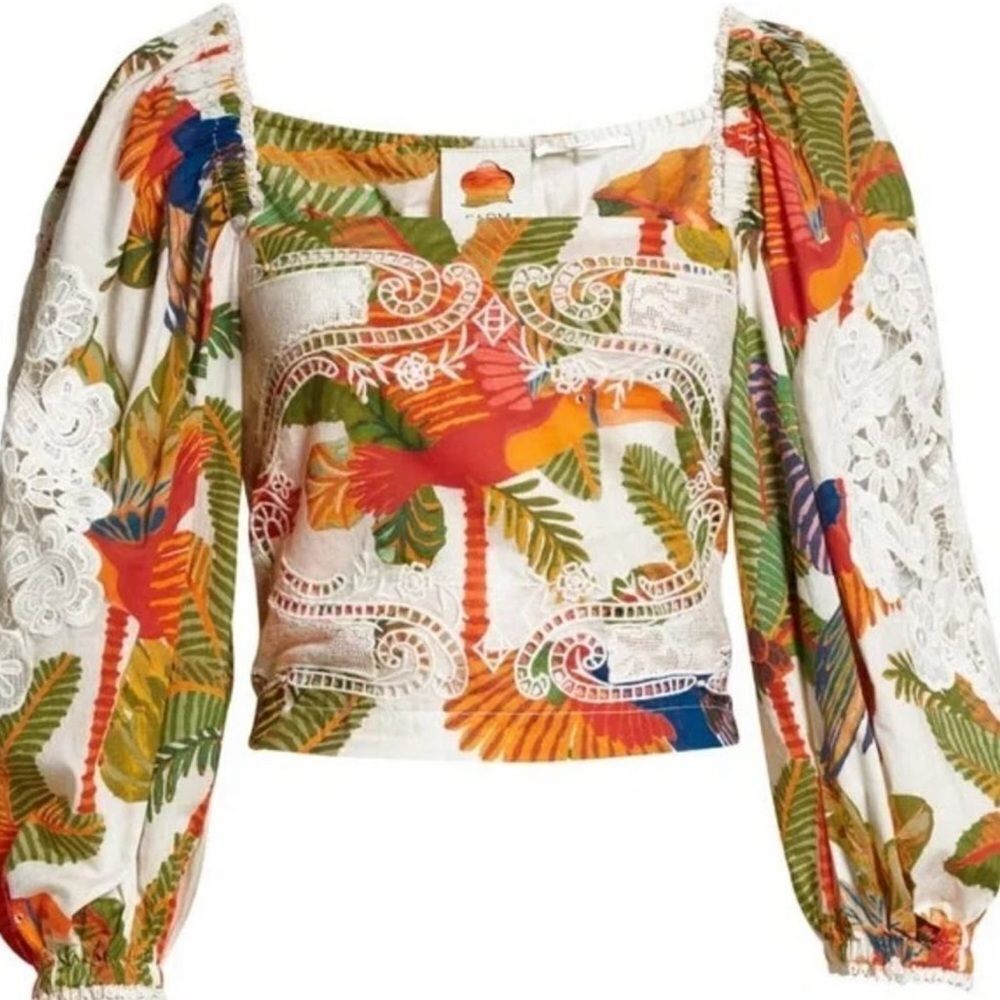 Farm Rio Forest Birds Smocked Embroidered Blouse size Small - Picture 2 of 10